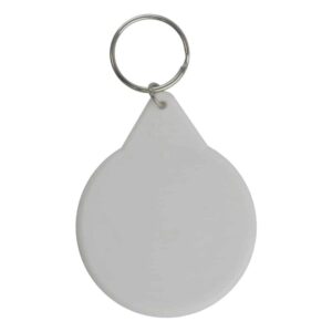Back of a plain white plastic keyring back with ring attached