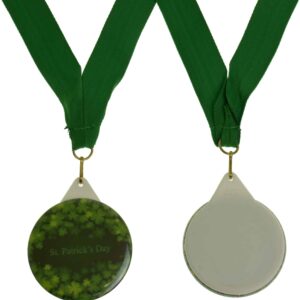 Clipped image of St Patricks Day medal with green ribbon shown from front and back